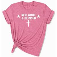 Load image into Gallery viewer, Red White and Blessed Women's T-Shirt in Azalea – Christian Graphic Tee