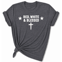 Load image into Gallery viewer, Red White and Blessed Women's T-Shirt in Dark Heather – Christian Patriotic Tee