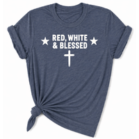 Load image into Gallery viewer, Red White and Blessed Women's T-Shirt in Heather Navy – Faith Patriotic Tee