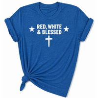 Load image into Gallery viewer, Red White and Blessed Women's T-Shirt in Heather Royal – Christian Patriotic Shirt
