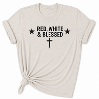 Load image into Gallery viewer, Red White and Blessed Women's T-Shirt in Ice Grey – Faith Patriotic Shirt