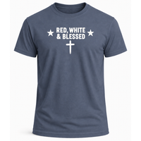 Load image into Gallery viewer, Red White and Blessed Men's T-Shirt in Heather Navy – Patriotic Faith Apparel