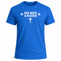 Load image into Gallery viewer, Red White and Blessed Men's T-Shirt in Heather Royal – Christian Patriotic Shirt