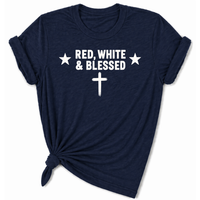 Load image into Gallery viewer, Red White and Blessed Women's T-Shirt in Navy – Patriotic Christian Tee