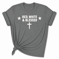 Load image into Gallery viewer, Red White and Blessed Women's T-Shirt in Sport Grey – Patriotic Faith Apparel