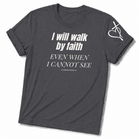 Load image into Gallery viewer, Walk By Faith T-Shirt – Dark Heather – Christian Apparel | Faith Plus 3