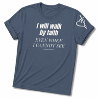 Load image into Gallery viewer, Walk By Faith T-Shirt – Heather Navy – Christian Apparel | Faith Plus 3