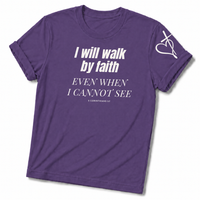 Load image into Gallery viewer, Walk By Faith T-Shirt – Heather Purple – Christian Apparel | Faith Plus 3