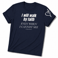 Load image into Gallery viewer, Walk By Faith T-Shirt – Navy – Christian Apparel | Faith Plus 3